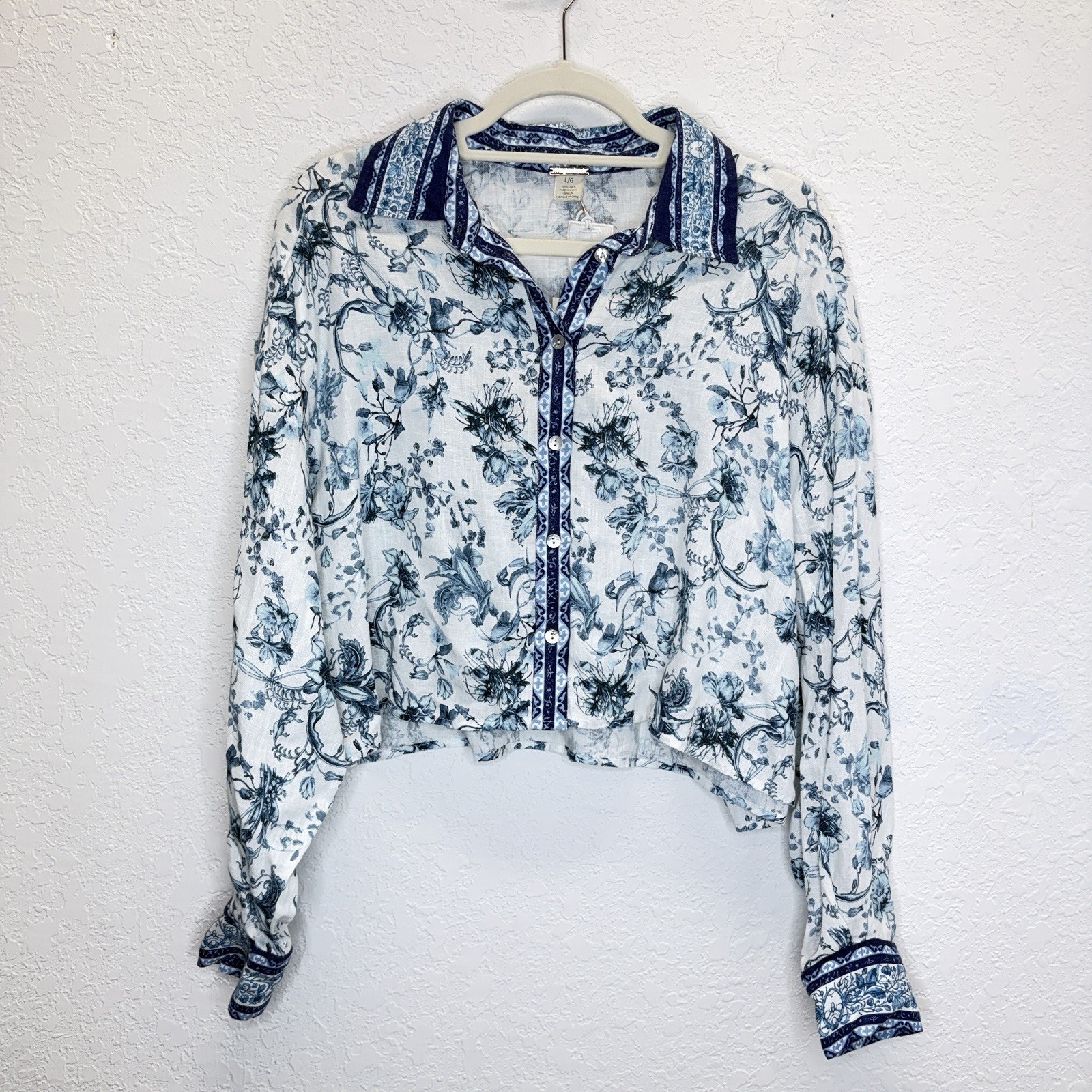Magaschoni Crop Long Sleeve Shirt Nwt Size L 100% Linen, Casual, Classic, Preppy